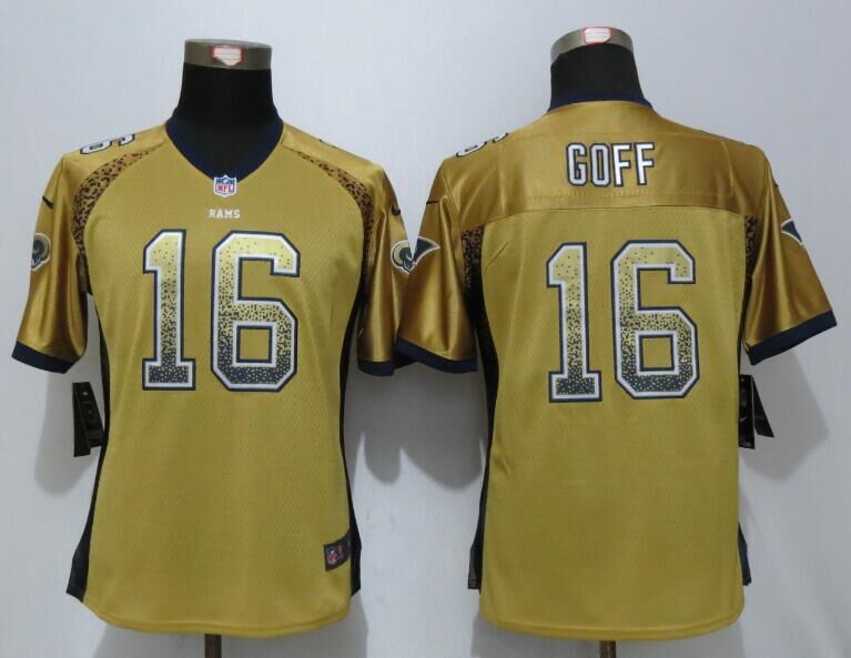 Nike Rams 16 Jared Goff Gold Drift Fashion Women Jersey