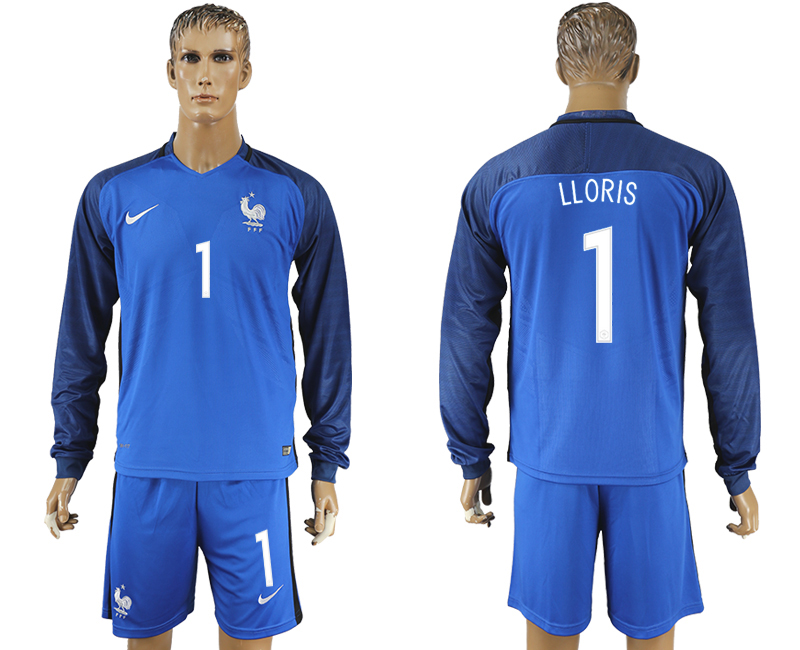 France 1 LLORIS Home UEFA Euro 2016 Long Sleeve Soccer Jersey