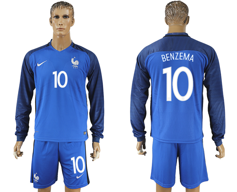 France 10 BENZEMA Home Euro 2016 Long Sleeve Soccer Jersey