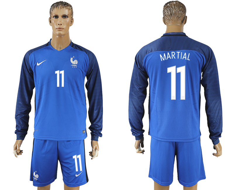 France 11 MARTIAL Home UEFA Euro 2016 Long Sleeve Soccer Jersey