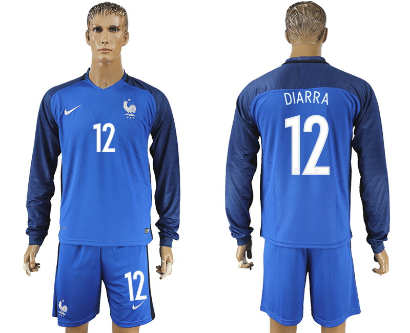 France 12 DIARRA Home UEFA Euro 2016 Long Sleeve Soccer Jersey