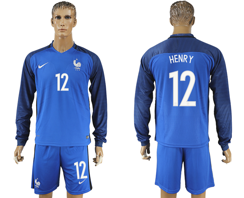 France 12 HENRY Home UEFA Euro 2016 Long Sleeve Soccer Jersey