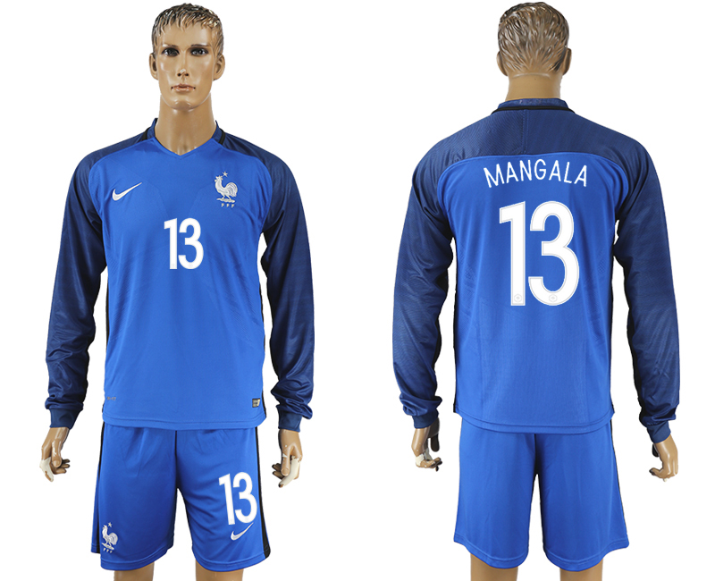 France 13 MANGALA Home UEFA Euro 2016 Long Sleeve Soccer Jersey