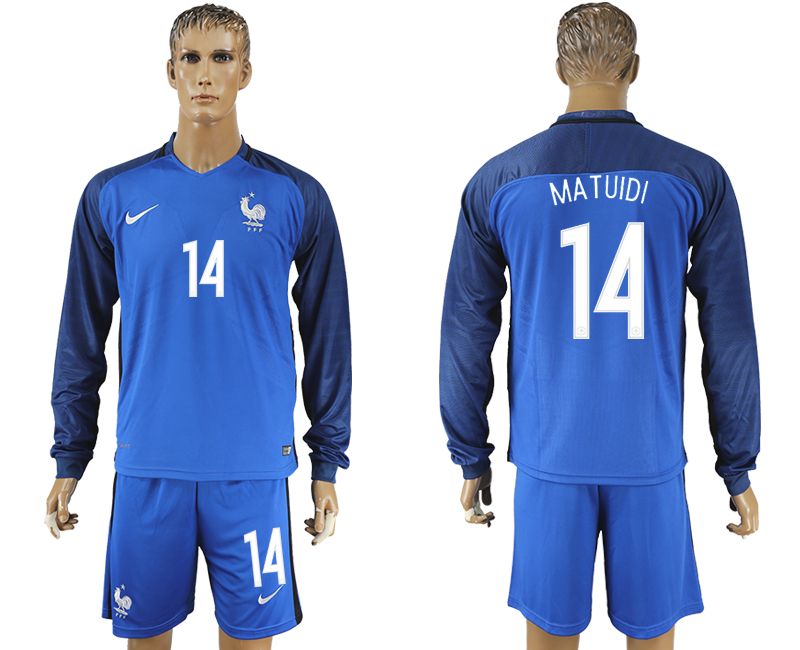France 14 MATUIDI Home UEFA Euro 2016 Long Sleeve Soccer Jersey