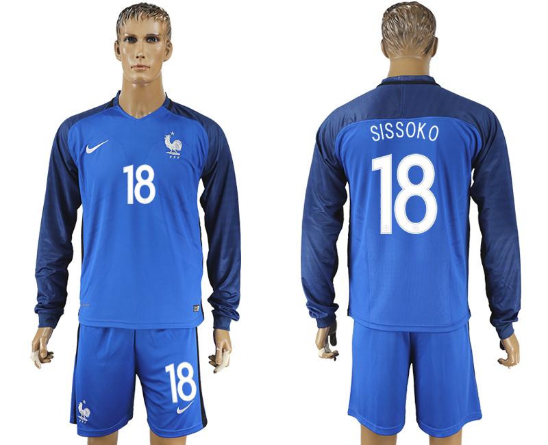 France 18 SISSOKO Home UEFA Euro 2016 Long Sleeve Soccer Jersey