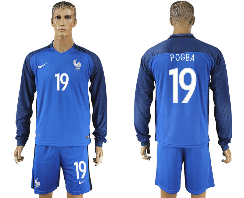 France 19 POGBA Home UEFA Euro 2016 Long Sleeve Soccer Jersey