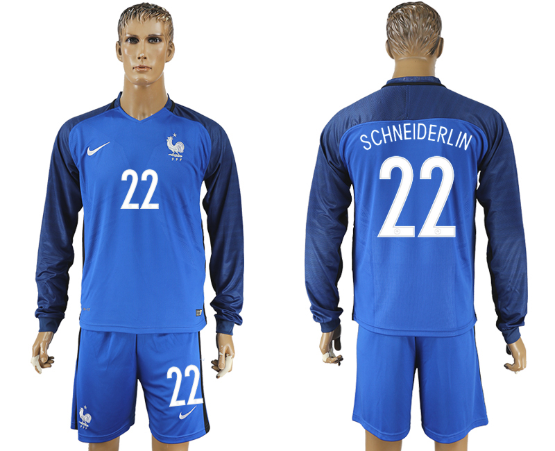 France 22 SCHNEIDERLIN Home UEFA Euro 2016 Long Sleeve Soccer Jersey