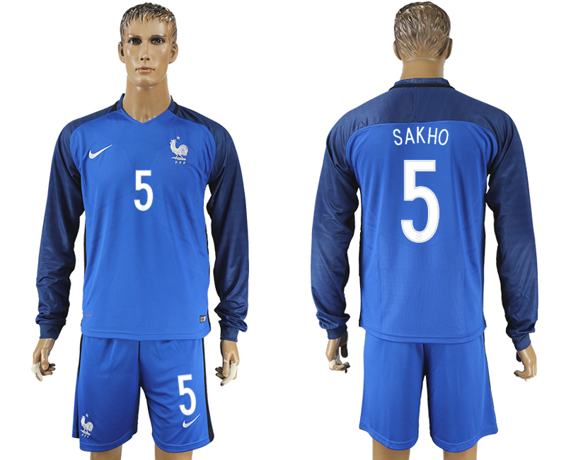 France 5 SAKHO Home UEFA Euro 2016 Long Sleeve Soccer Jersey