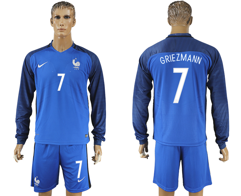 France 7 GRIEZMANN Home UEFA Euro 2016 Long Sleeve Soccer Jersey