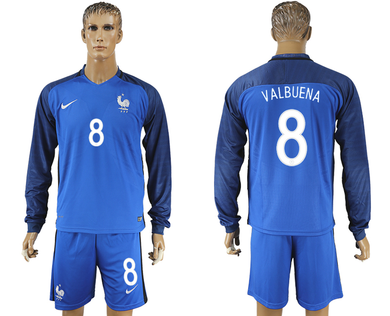 France 8 VALBUENA Home UEFA Euro 2016 Long Sleeve Soccer Jersey