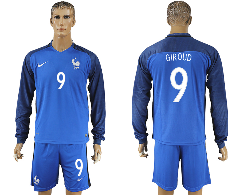 France 9 GIROUD Home UEFA Euro 2016 Long Sleeve Soccer Jersey