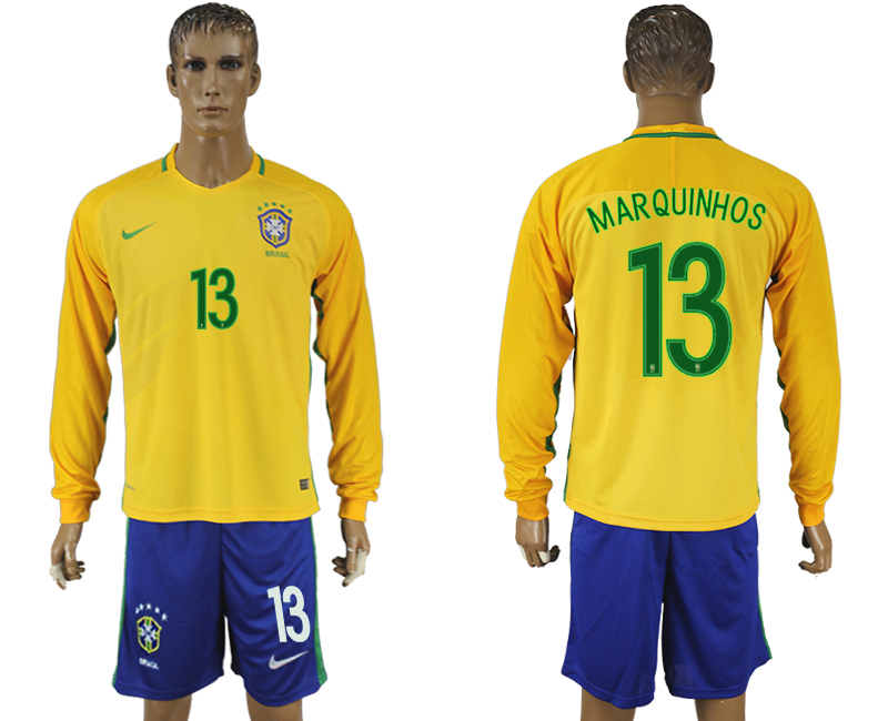 Brazil 13 MARQUINHOS Home 2016 Copa America Centenario Long Sleeve Soccer Jersey