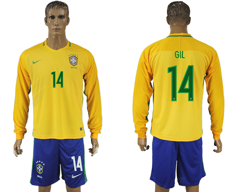 Brazil 14 GIL Home 2016 Copa America Centenario Long Sleeve Soccer Jersey