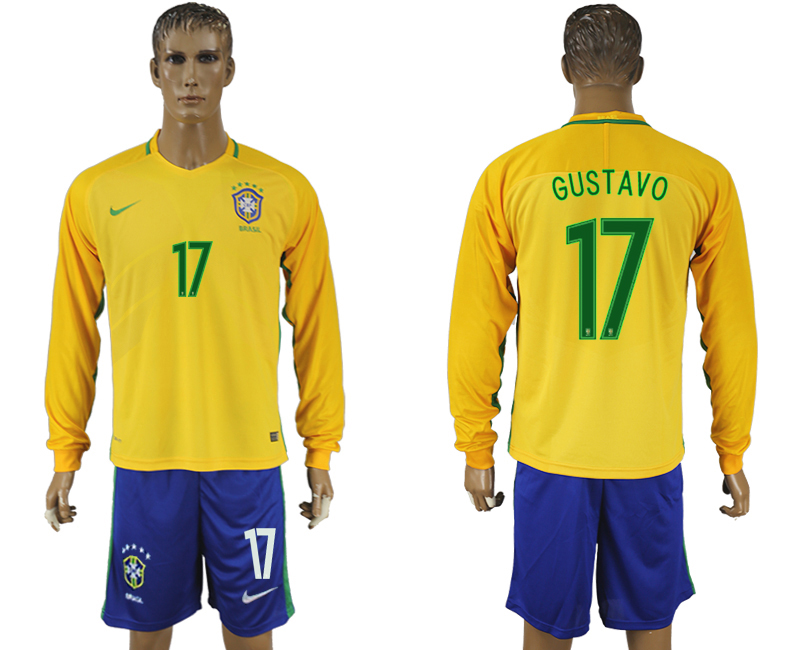 Brazil 17 GUSTAVO Home 2016 Copa America Centenario Long Sleeve Soccer Jersey