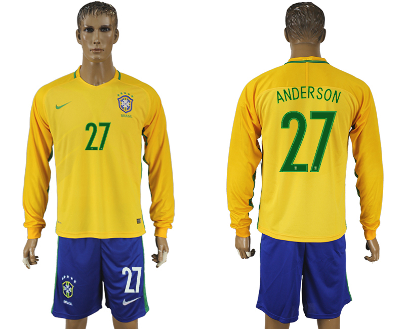 Brazil 27 ANDERSON Home 2016 Copa America Centenario Long Sleeve Soccer Jersey