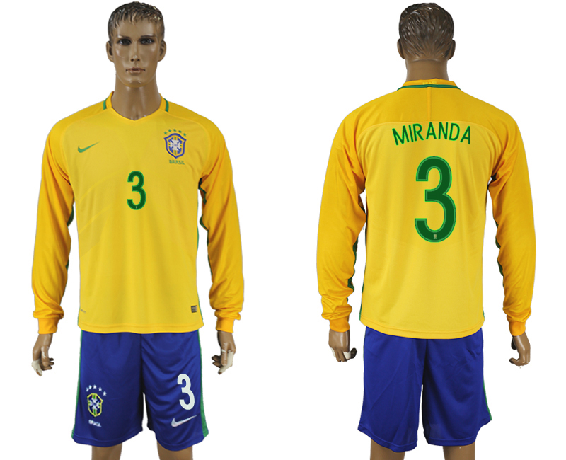 Brazil 3 MIRANDA Home 2016 Copa America Centenario Long Sleeve Soccer Jersey