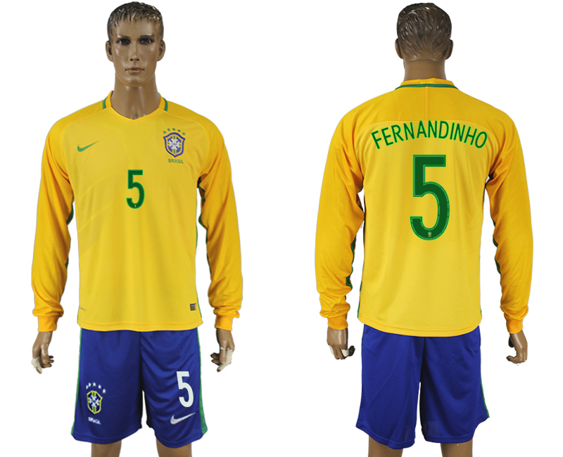 Brazil 5 FERNANDINHO Home 2016 Copa America Centenario Long Sleeve Soccer Jersey