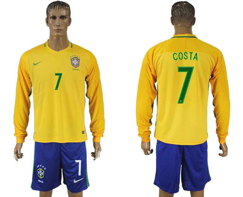 Brazil 7 COSTA Home 2016 Copa America Centenario Long Sleeve Soccer Jersey