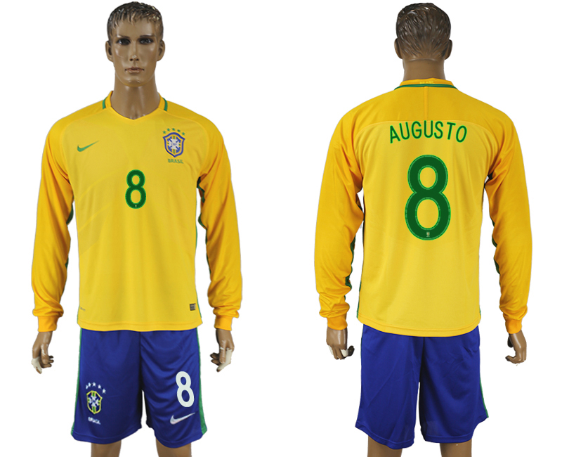 Brazil 8 AUGUSTO Home 2016 Copa America Centenario Long Sleeve Soccer Jersey