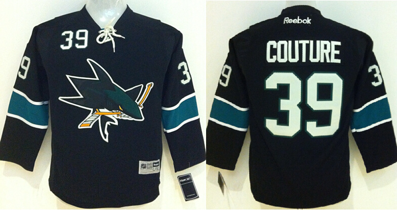 Sharks 39 Logan Couture Black Youth Reebok Jersey - Click Image to Close