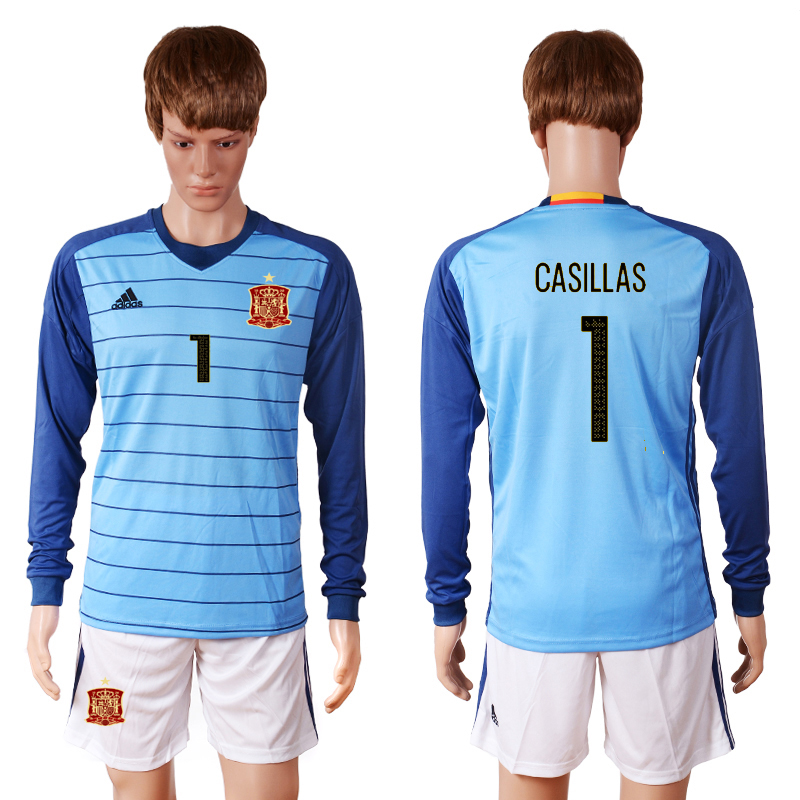 Spain 1 CASILLAS Blue Goalkeeper UEFA Euro 2016 Long Sleeve Soccer Jersey