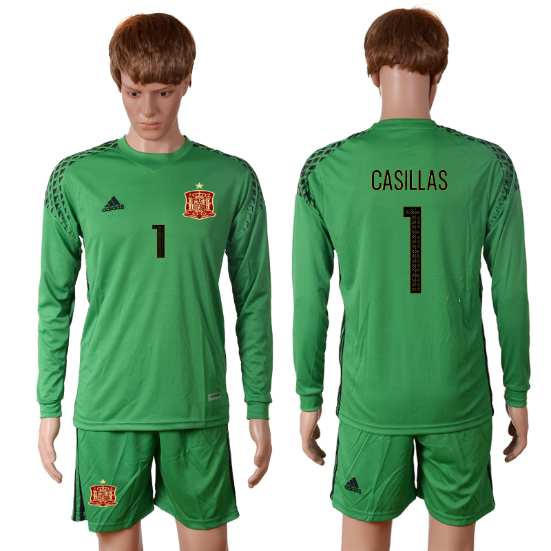 Spain 1 CASILLAS Green Goalkeeper UEFA Euro 2016 Long Sleeve Soccer Jersey
