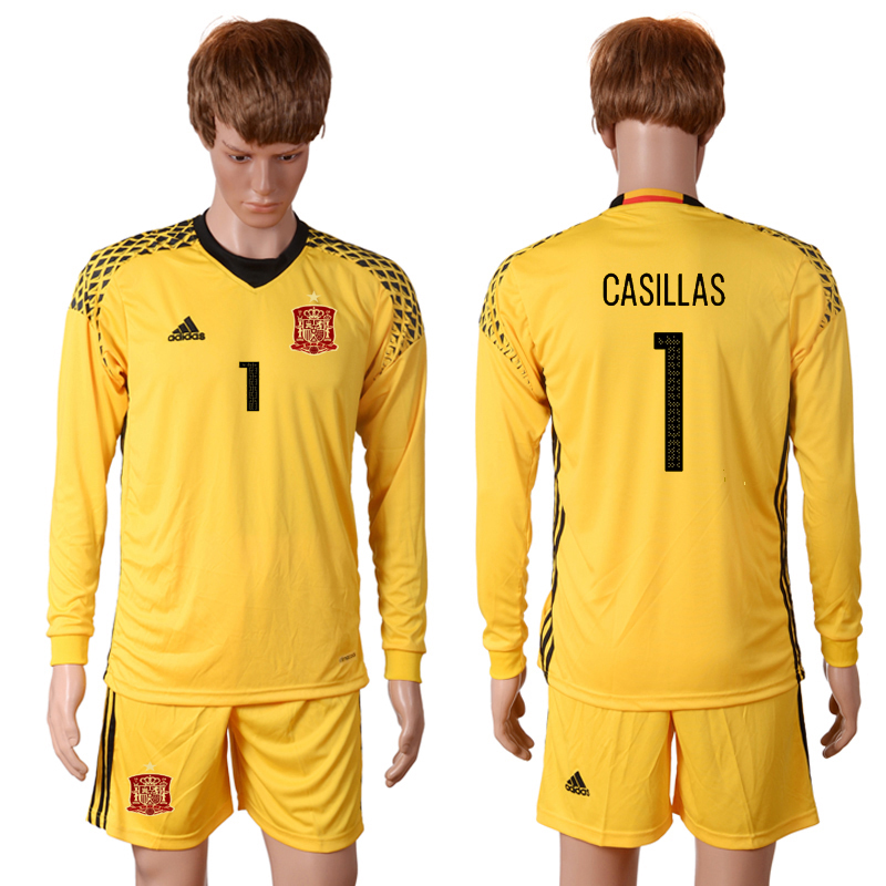 Spain 1 CASILLAS Yellow Goalkeeper UEFA Euro 2016 Long Sleeve Soccer Jersey