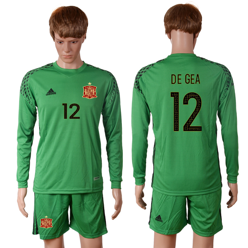 Spain 12 DE GEA Green Goalkeeper UEFA Euro 2016 Long Sleeve Soccer Jersey