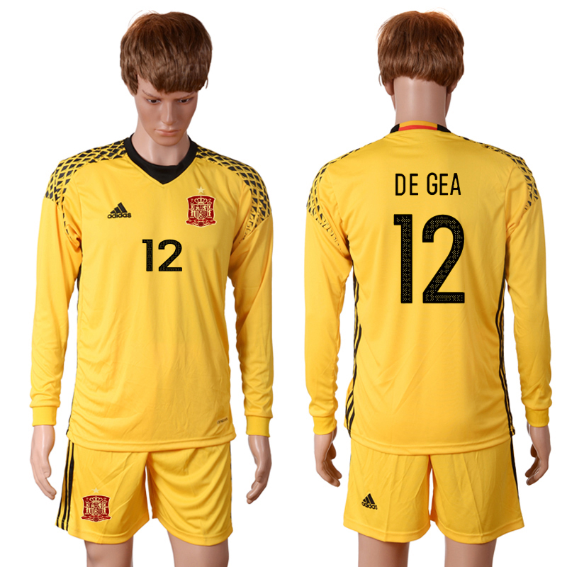 Spain 12 DE GEA Yellow Goalkeeper UEFA Euro 2016 Long Sleeve Soccer Jersey
