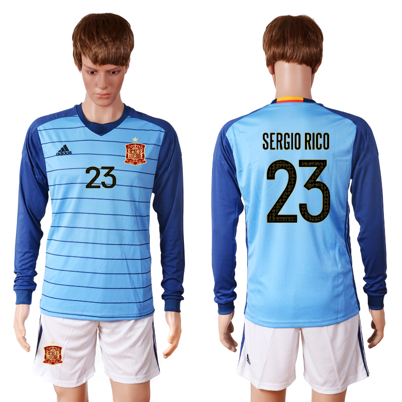 Spain 23 SERGIO RICO Blue Goalkeeper UEFA Euro 2016 Long Sleeve Soccer Jersey