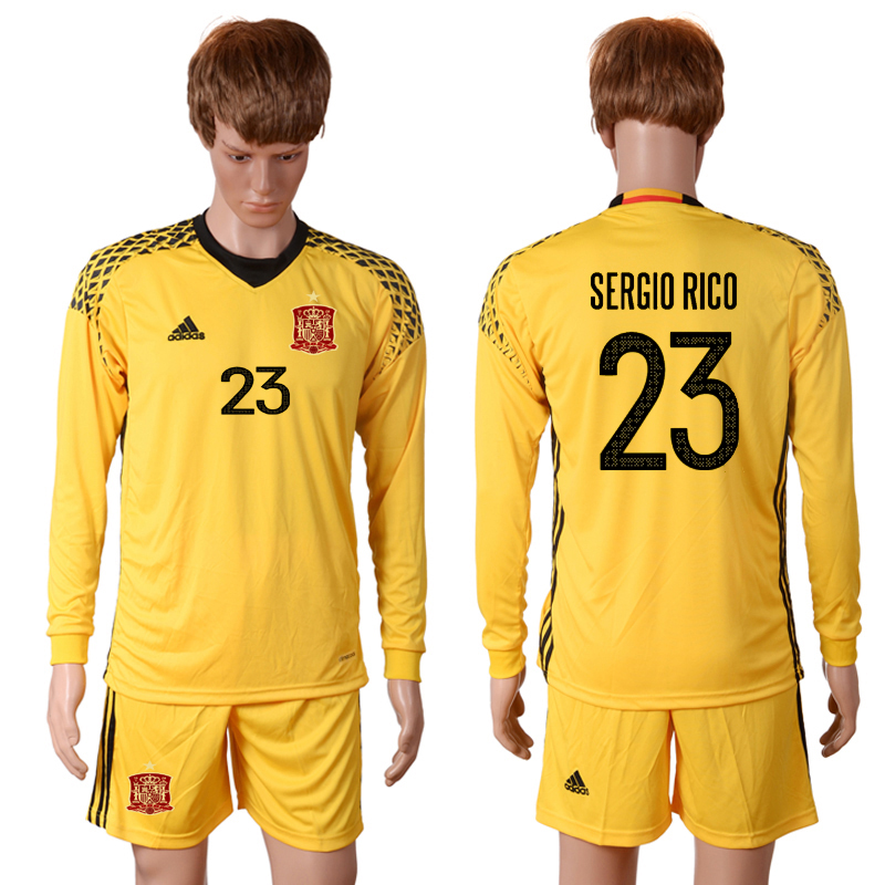 Spain 23 SERGIO RICO Yellow Goalkeeper UEFA Euro 2016 Long Sleeve Soccer Jersey