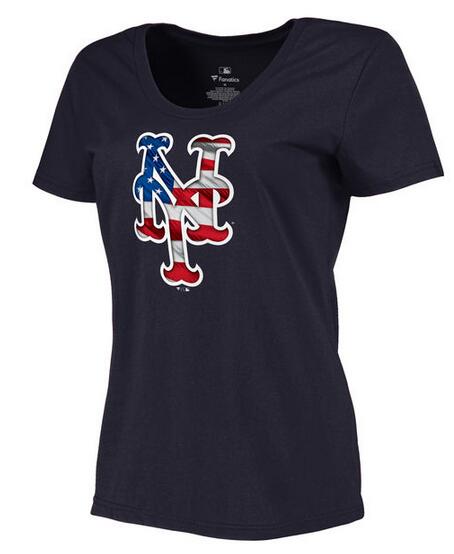 Mets Navy USA Flag Team Logo Women T Shirt