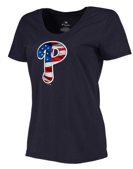 Phillies Navy USA Flag Team Logo Women T Shirt - Click Image to Close
