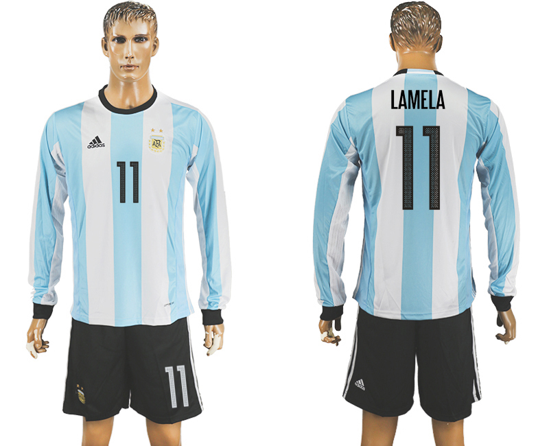 Argentina 11 LAMELA Home 2016 Copa America Centenario Long Sleeve Soccer Jersey