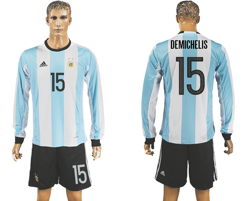 Argentina 15 DEMICHELIS Home 2016 Copa America Centenario Long Sleeve Soccer Jersey
