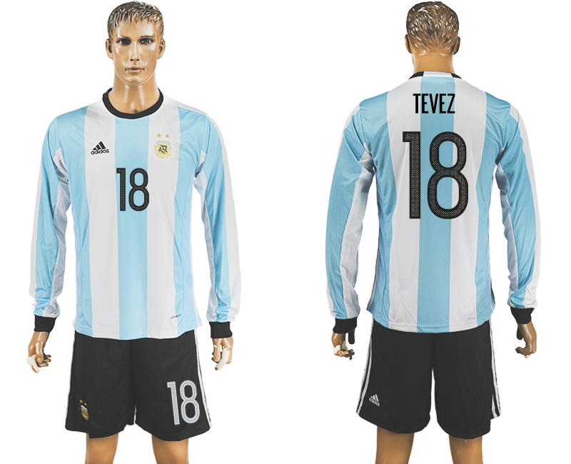 Argentina 18 TEVEZ Home 2016 Copa America Centenario Long Sleeve Soccer Jersey