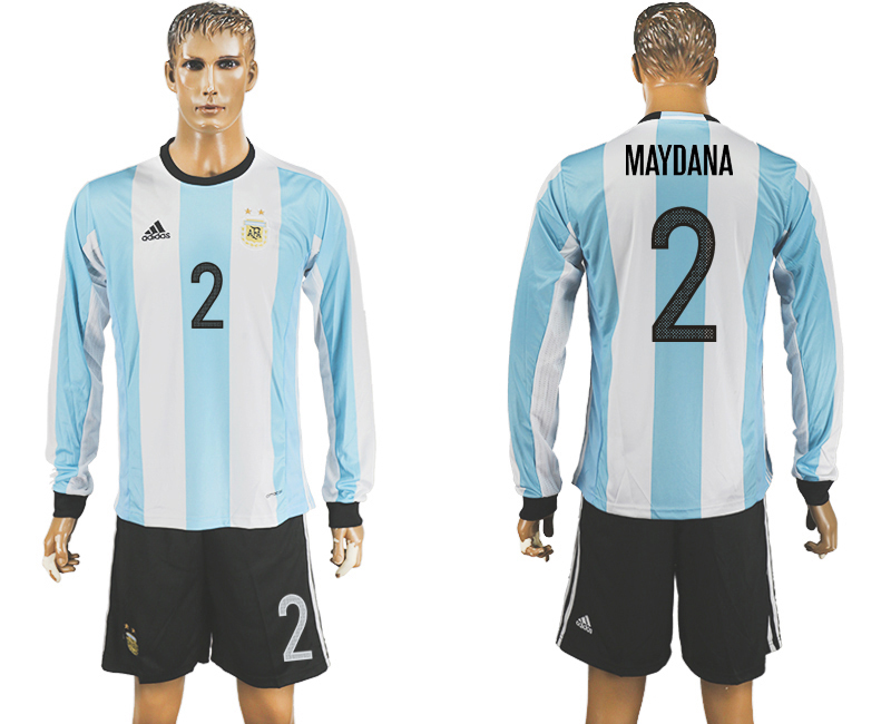 Argentina 2 MAYDANA Home 2016 Copa America Centenario Long Sleeve Soccer Jersey