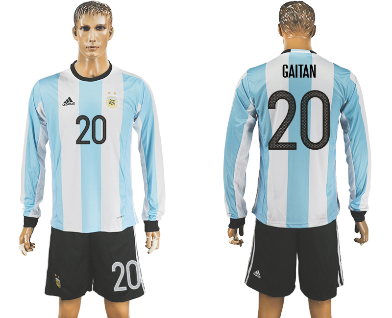 Argentina 20 GAITAN Home 2016 Copa America Centenario Long Sleeve Soccer Jersey