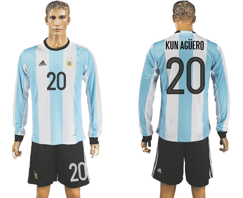 Argentina 20 KUN AGUERO Home 2016 Copa America Centenario Long Sleeve Soccer Jersey