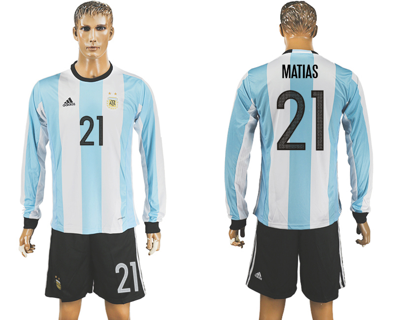 Argentina 21 MATIAS Home 2016 Copa America Centenario Long Sleeve Soccer Jersey