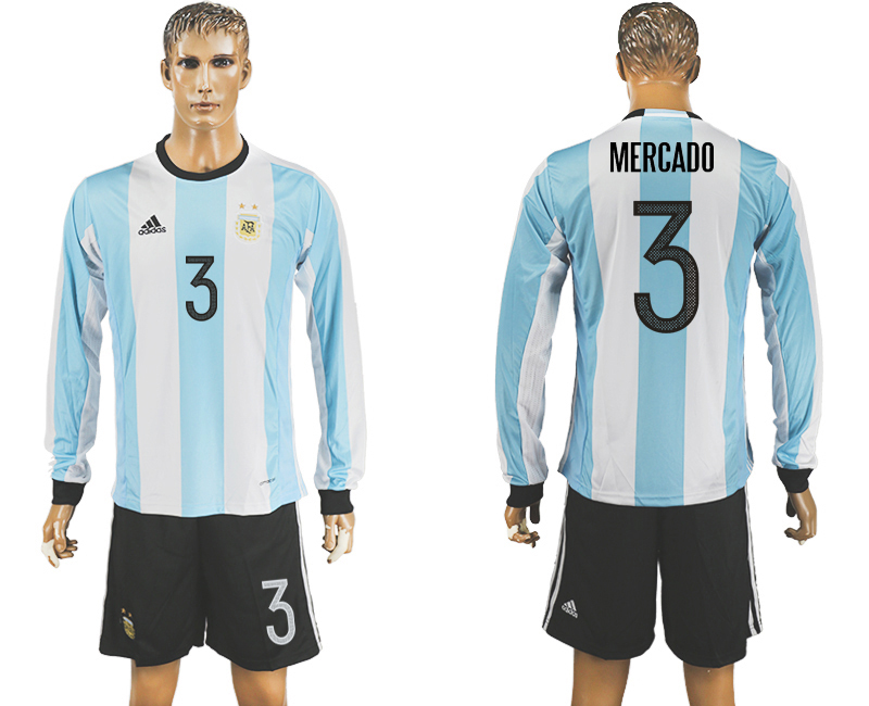 Argentina 3 MERCADO Home 2016 Copa America Centenario Long Sleeve Soccer Jersey