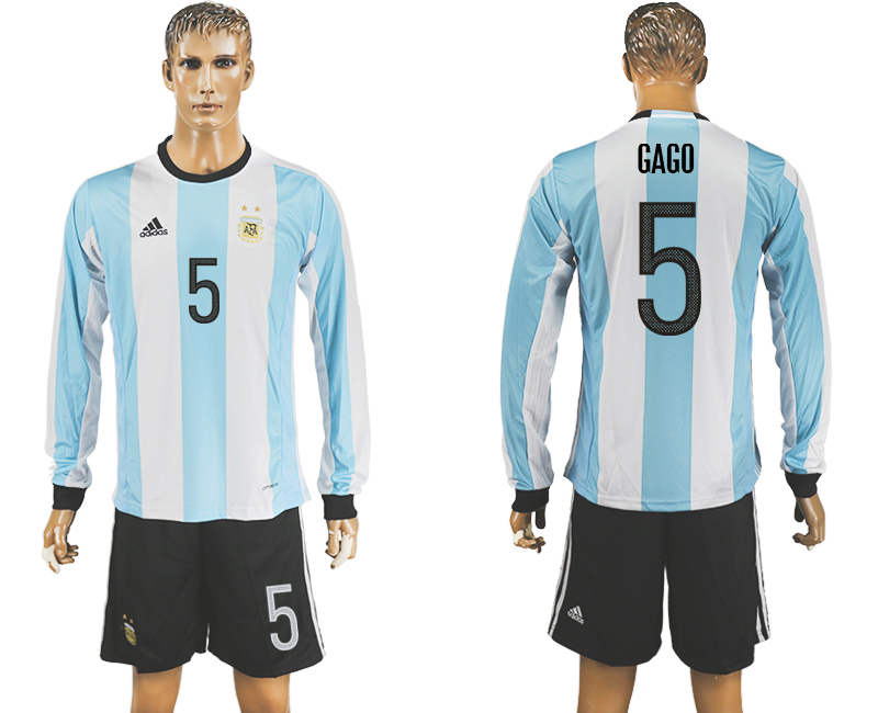 Argentina 5 GAGO Home 2016 Copa America Centenario Long Sleeve Soccer Jersey
