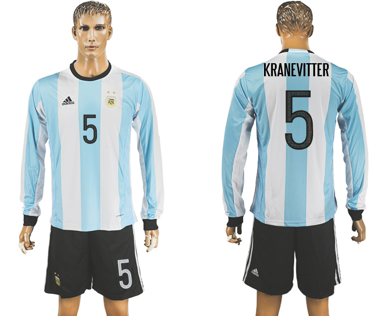 Argentina 5 KRANEVITTER Home 2016 Copa America Centenario Long Sleeve Soccer Jersey