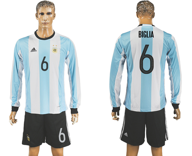 Argentina 6 BIGLIA Home 2016 Copa America Centenario Long Sleeve Soccer Jersey
