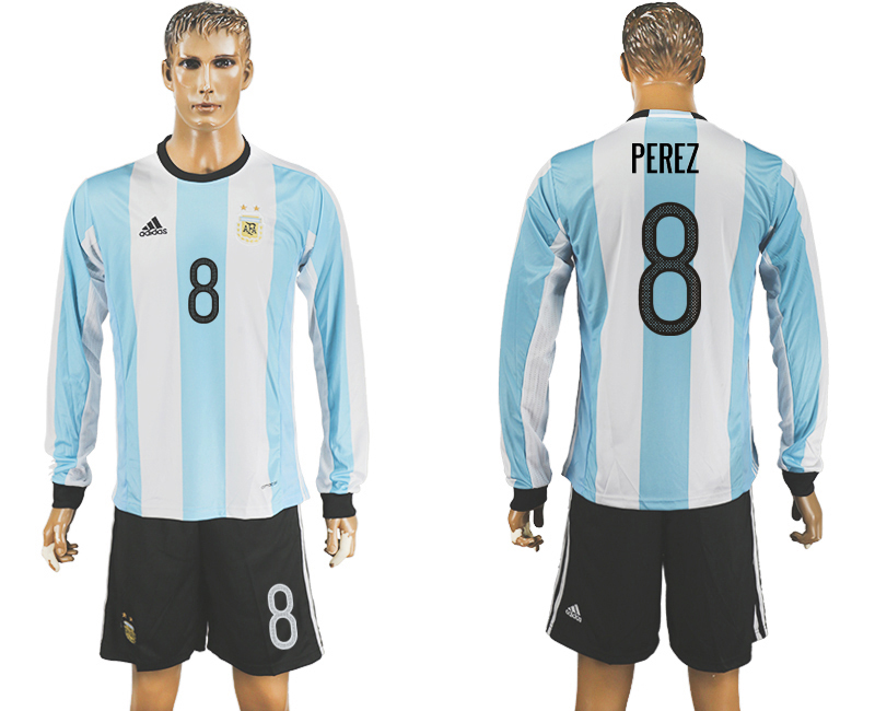 Argentina 8 PEREZ Home 2016 Copa America Centenario Long Sleeve Soccer Jersey