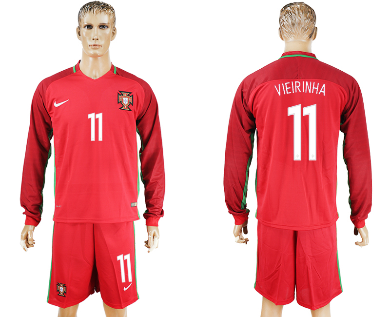 Portugal 11 VIEIRINHA Home UEFA Euro 2016 Long Sleeve Soccer Jersey
