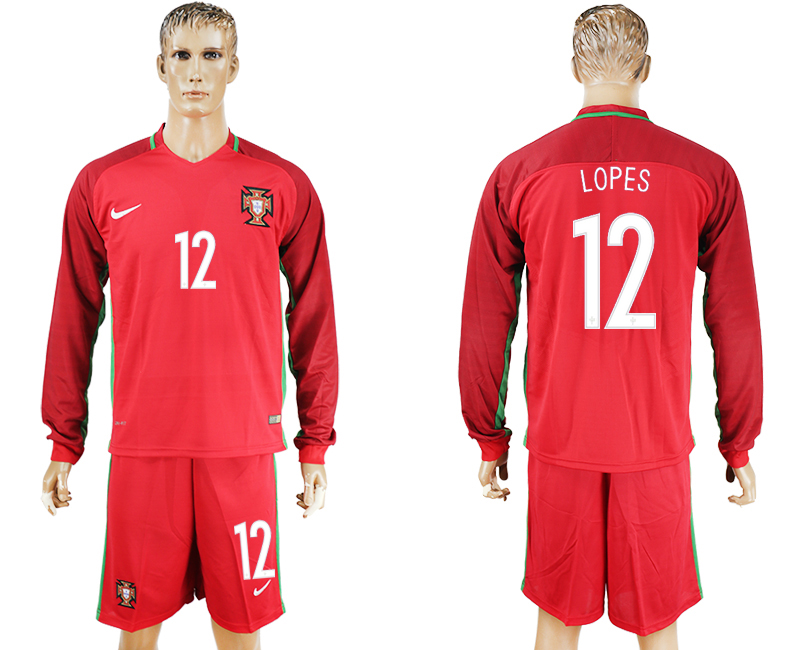 Portugal 12 LOPES Home UEFA Euro 2016 Long Sleeve Soccer Jersey