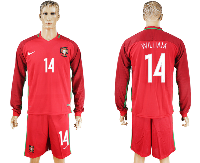 Portugal 14 WILLIAM Home UEFA Euro 2016 Long Sleeve Soccer Jersey