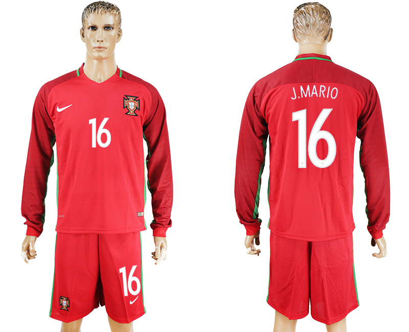 Portugal 16 J.MARIO Home UEFA Euro 2016 Long Sleeve Soccer Jersey