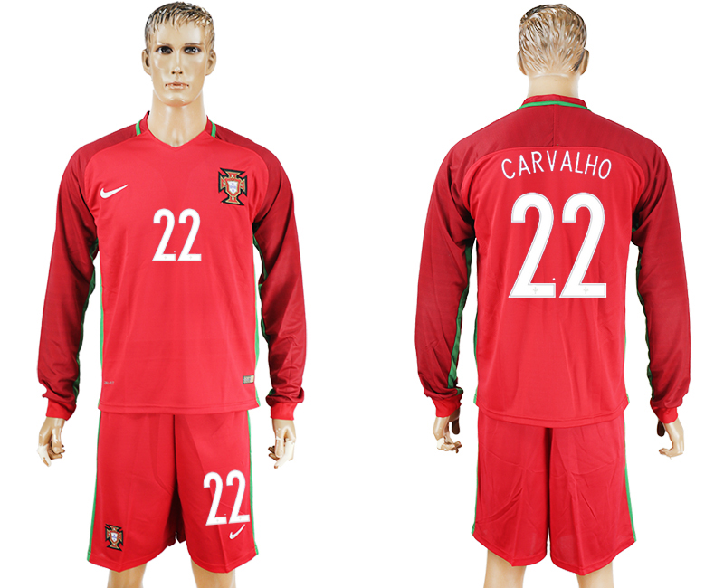 Portugal 22 CARVALHO Home UEFA Euro 2016 Long Sleeve Soccer Jersey